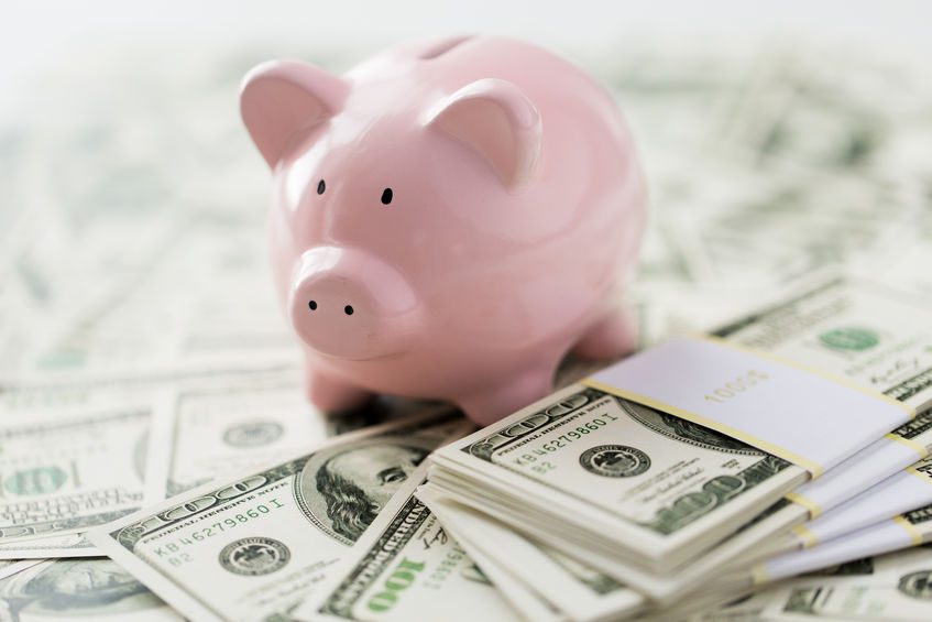 A piggy bank surrounded by money.